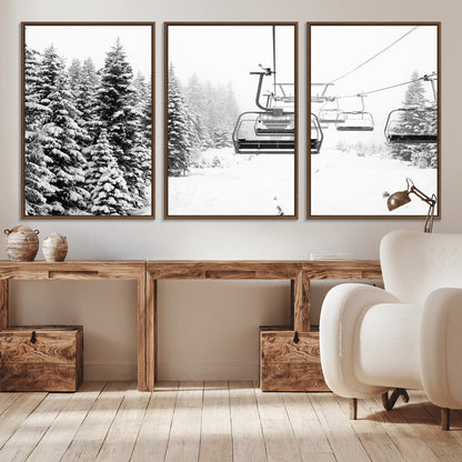 Black and white canvas of empty ski lifts over a snowy pine forest, perfect for minimal winter or ski lodge-inspired decor.