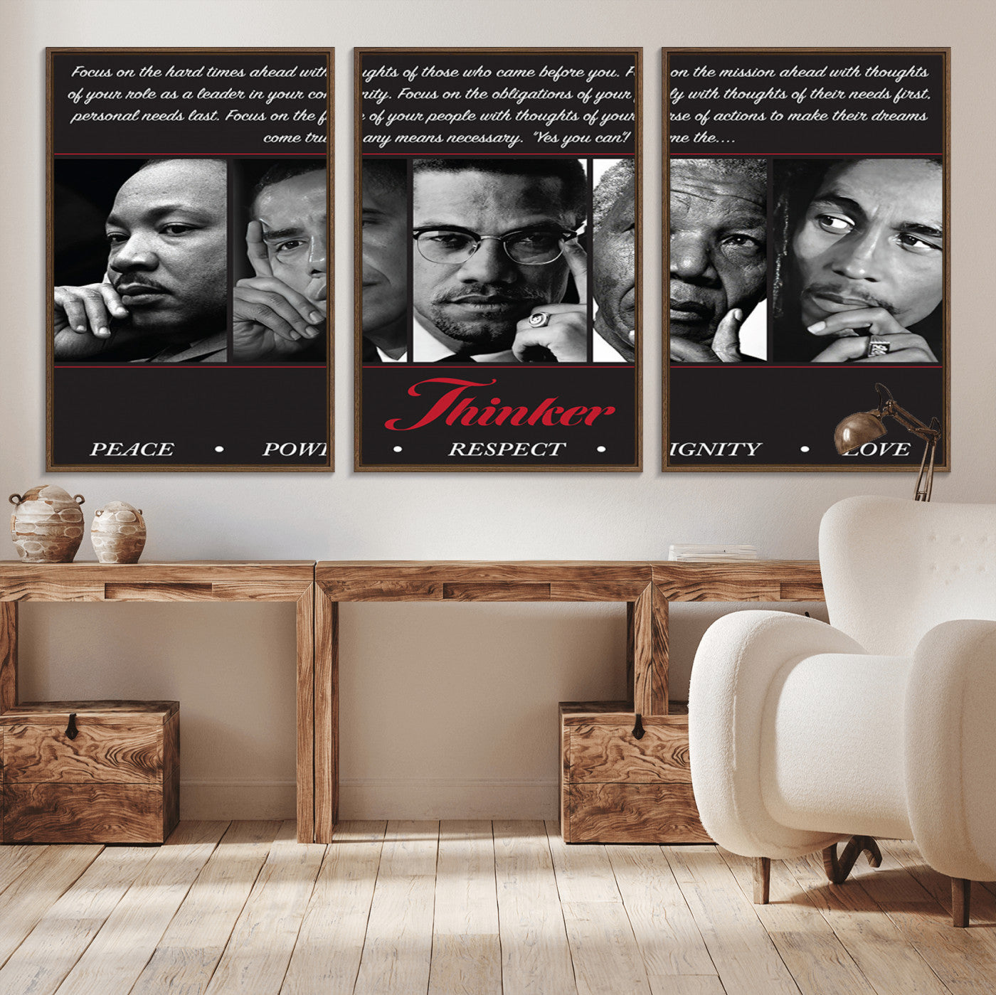 Monochrome canvas of iconic Black leaders with a powerful quote, perfect for modern spaces with a cultural or motivational theme.