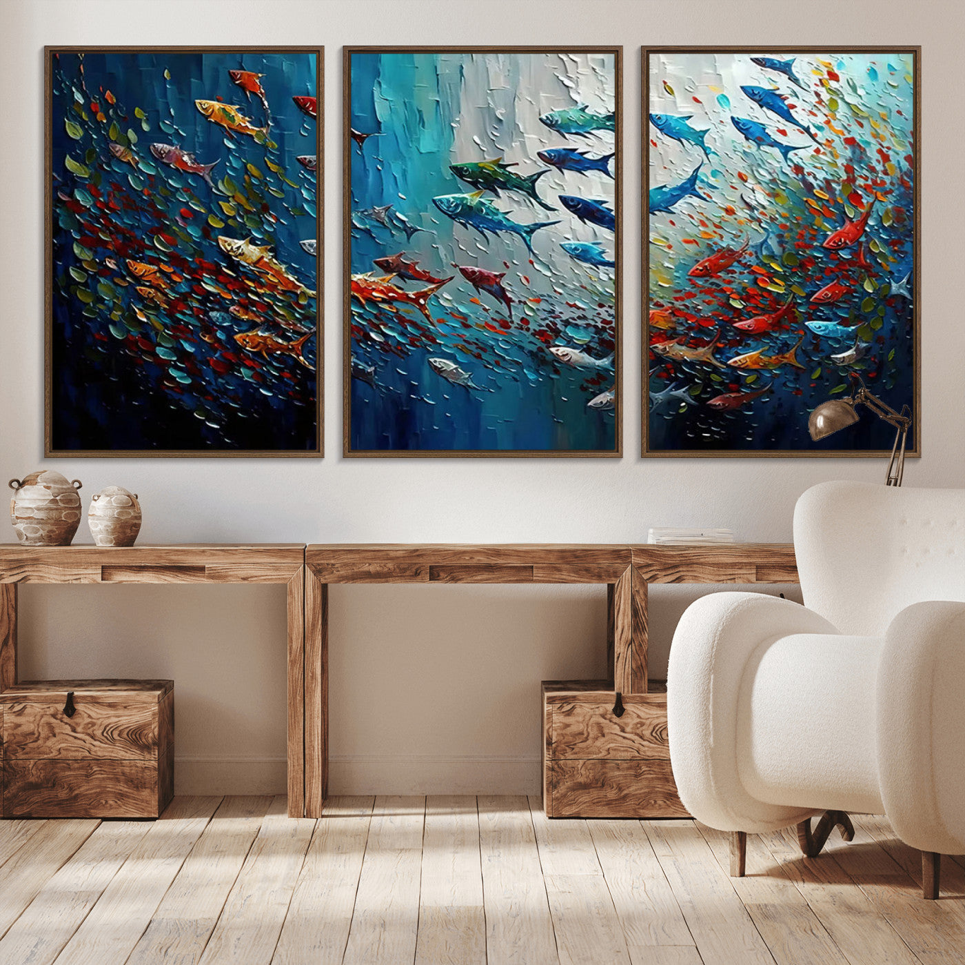 Colorful painting of fish swimming in abstract ocean swirls, perfect for vibrant marine-themed or expressive coastal home decor.