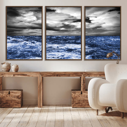 Moody canvas wall art of a stormy ocean under a dramatic black-and-white sky, perfect for bold or coastal-style interiors.