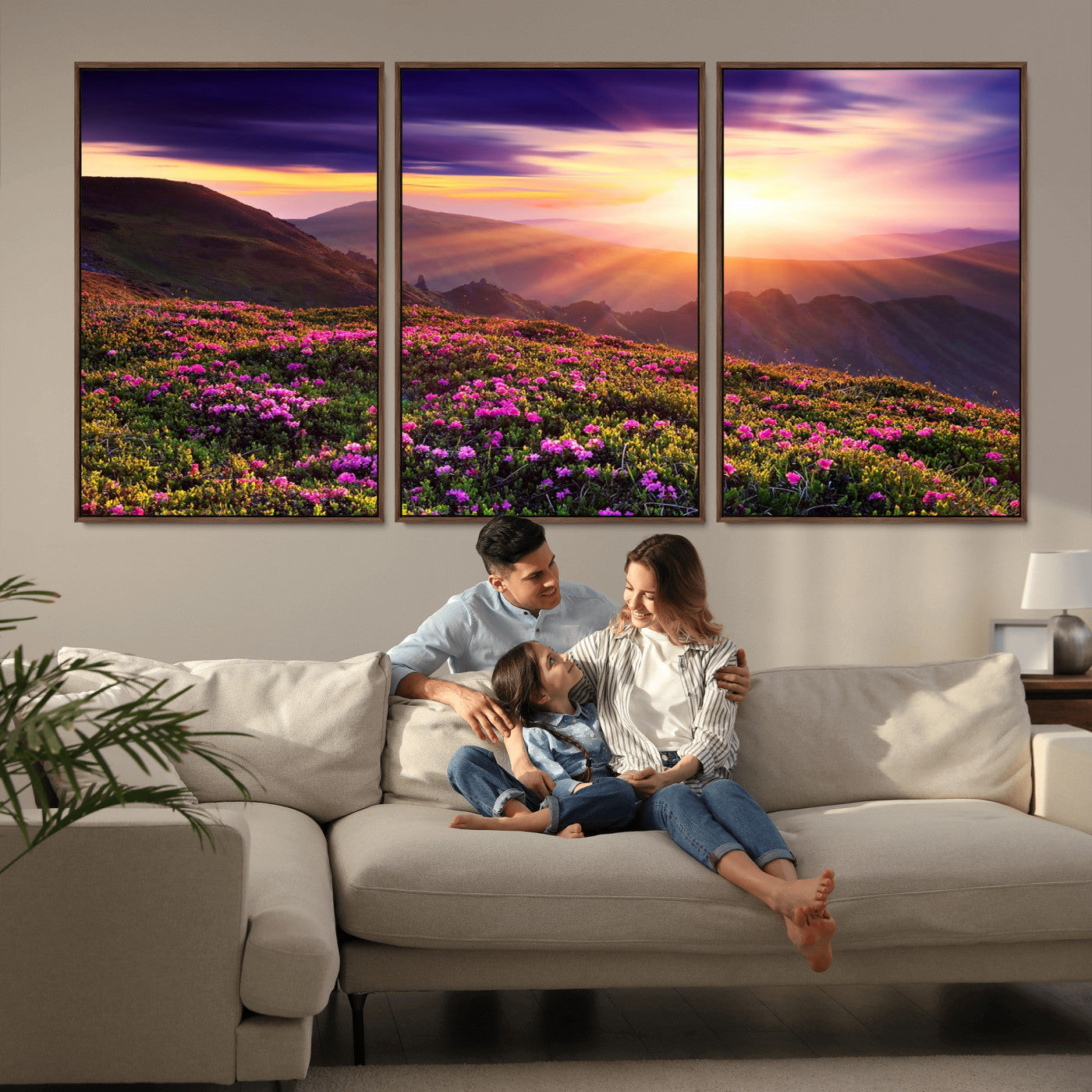 -Mountain Sunrise Wall Art – Vibrant Floral Landscape Canvas Print, Nature Home Decor for Living Room, Bedroom Office or Cabin