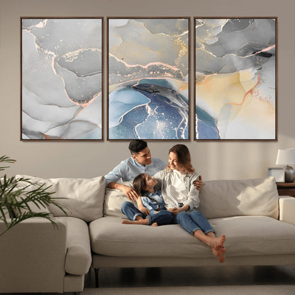 -Abstract Fluid Art Wall Decor – Blue, Gray & Gold Canvas Print, Modern Home and Office Wall Art Decor for Living Room, Bedroom or Workspace