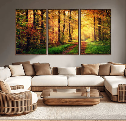 73494-MGV-CV-36X24-Golden Autumn Forest Path Wall Art – Sunlit Woodland Canvas Print, Fall Nature Landscape Home Decor