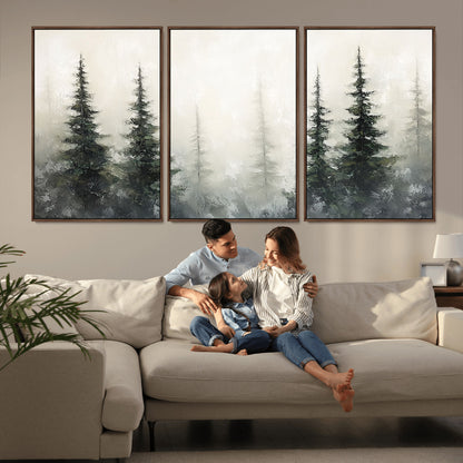 Soft and misty pine forest painting in neutral earthy tones, ideal for calm woodland or minimalist rustic home decor.