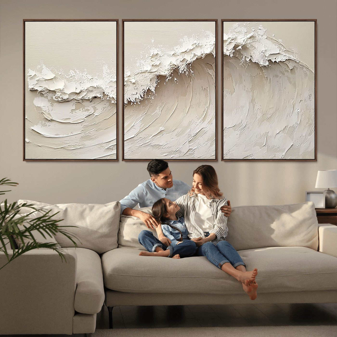 Textured canvas of an abstract white ocean wave in neutral tones, ideal for modern coastal or minimalist home decor.
