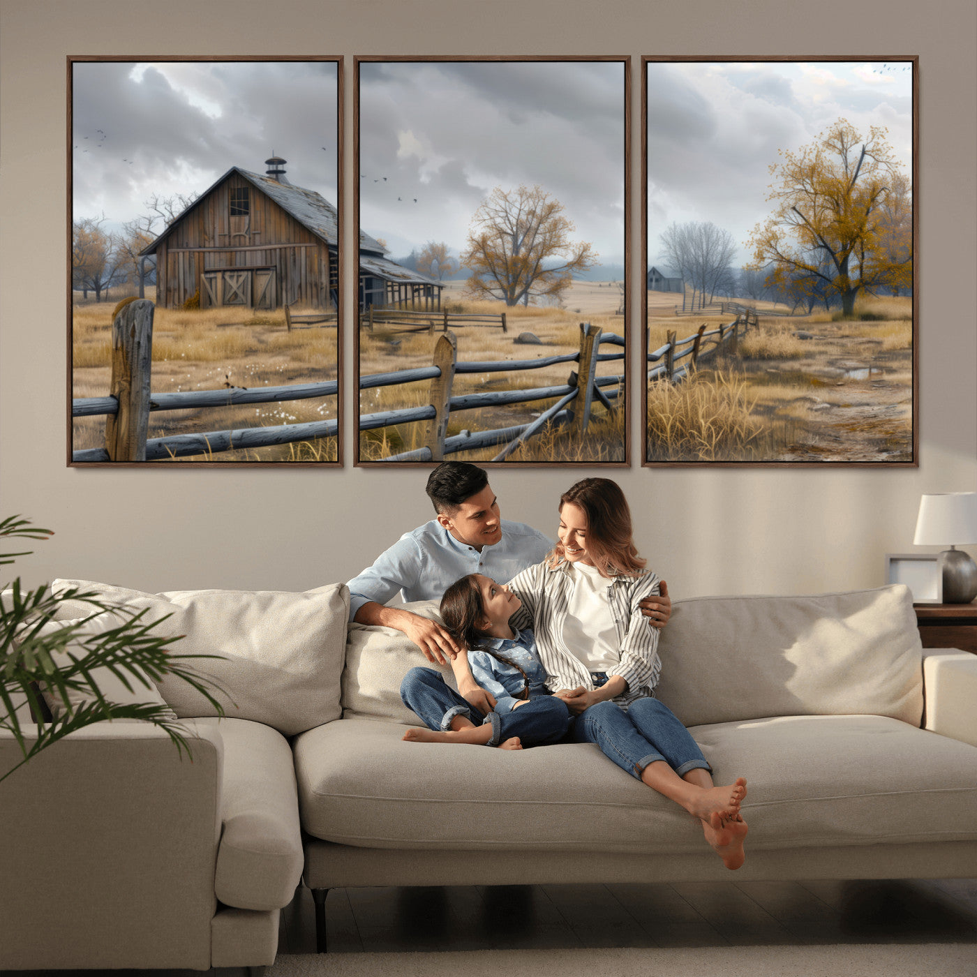 A tranquil rural scene featuring a rustic barn, overcast skies, and golden fields with scattered trees, evoking a sense of peaceful solitude in nature.