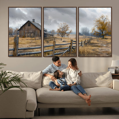 A tranquil rural scene featuring a rustic barn, overcast skies, and golden fields with scattered trees, evoking a sense of peaceful solitude in nature.