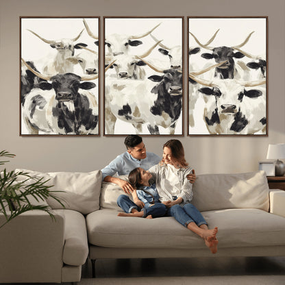 Canvas of a Texas Longhorn cattle herd in neutral black and white tones, ideal for rustic farmhouse or western-themed decor.