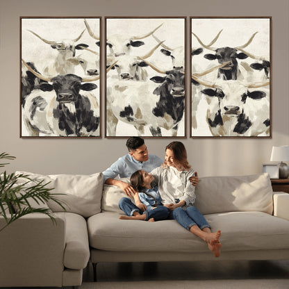 Canvas of a Texas Longhorn cattle herd in neutral black and white tones, ideal for rustic farmhouse or western-themed decor.