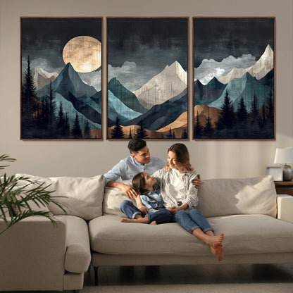 Stylized canvas of layered mountains under a full moon in neutral moody tones, ideal for nature-inspired or modern rustic interiors.