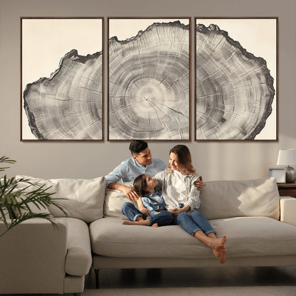 Detailed tree ring drawing in monochrome tones, ideal for rustic or nature-inspired interiors with a minimal decor aesthetic.