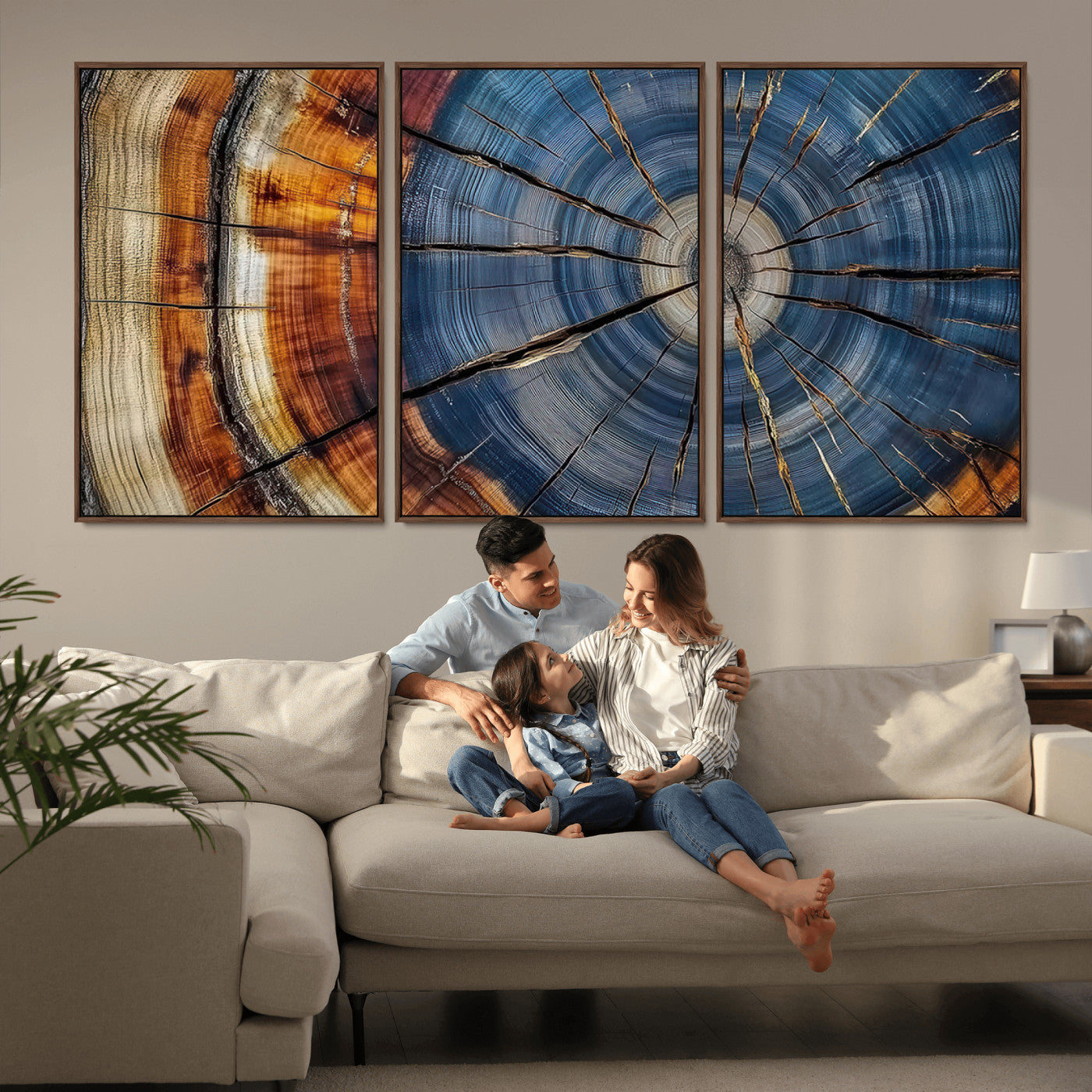A stunning close-up view of a tree trunk, showcasing the intricate growth rings in a vibrant mix of warm browns, cool blues, and hints of natural texture.
