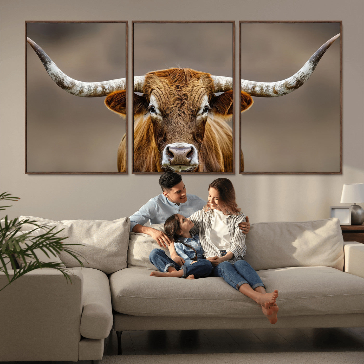 Close-up of a Texas Longhorn with strong curved horns and warm brown tones, perfect for rustic or western-style wall decor.
