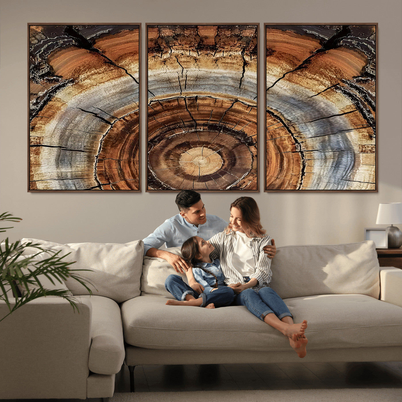 Canvas of tree rings and natural wood grain in earthy tones, ideal for rustic or vintage-inspired home decor with organic textures.