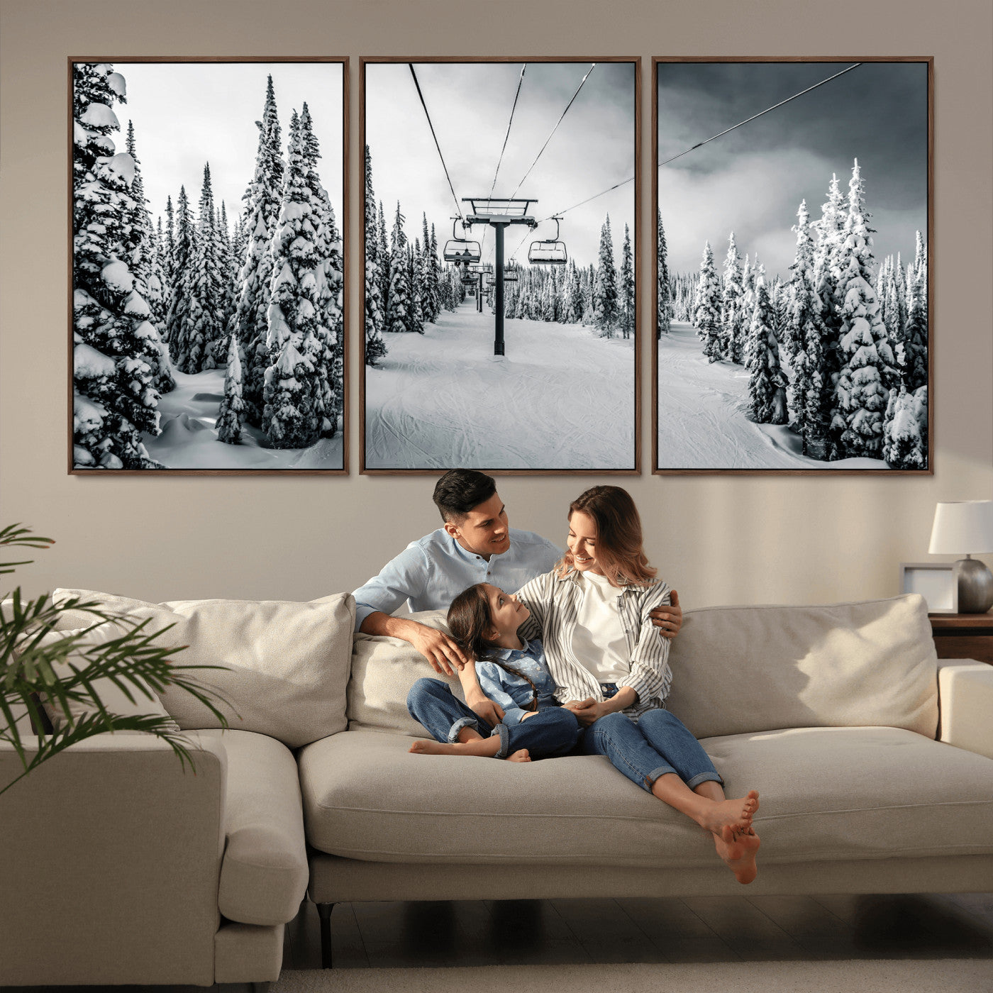 Canvas of a snowy ski lift scene through a forest of tall pine trees, ideal for moody winter or alpine-themed home decor.