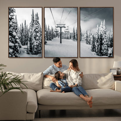 Canvas of a snowy ski lift scene through a forest of tall pine trees, ideal for moody winter or alpine-themed home decor.