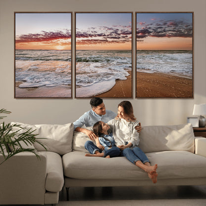 Canvas of a sunset over a foamy ocean shore with warm light and gentle waves, ideal for coastal or beach-themed home decor.