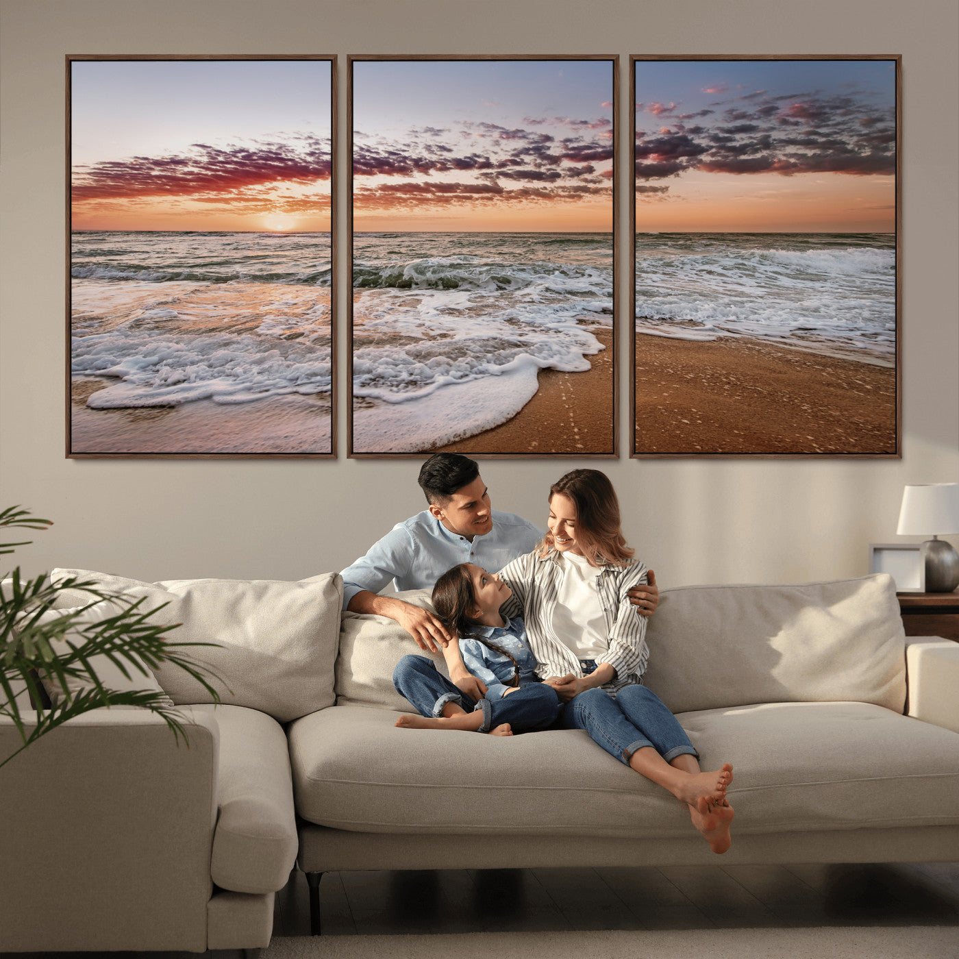 Canvas of a sunset over a foamy ocean shore with warm light and gentle waves, ideal for coastal or beach-themed home decor.
