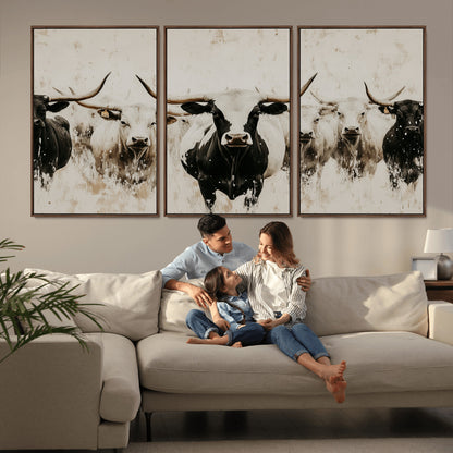 Illustrated herd of longhorn cattle in black and white tones with a neutral textured background, perfect for rustic or farmhouse-style decor.