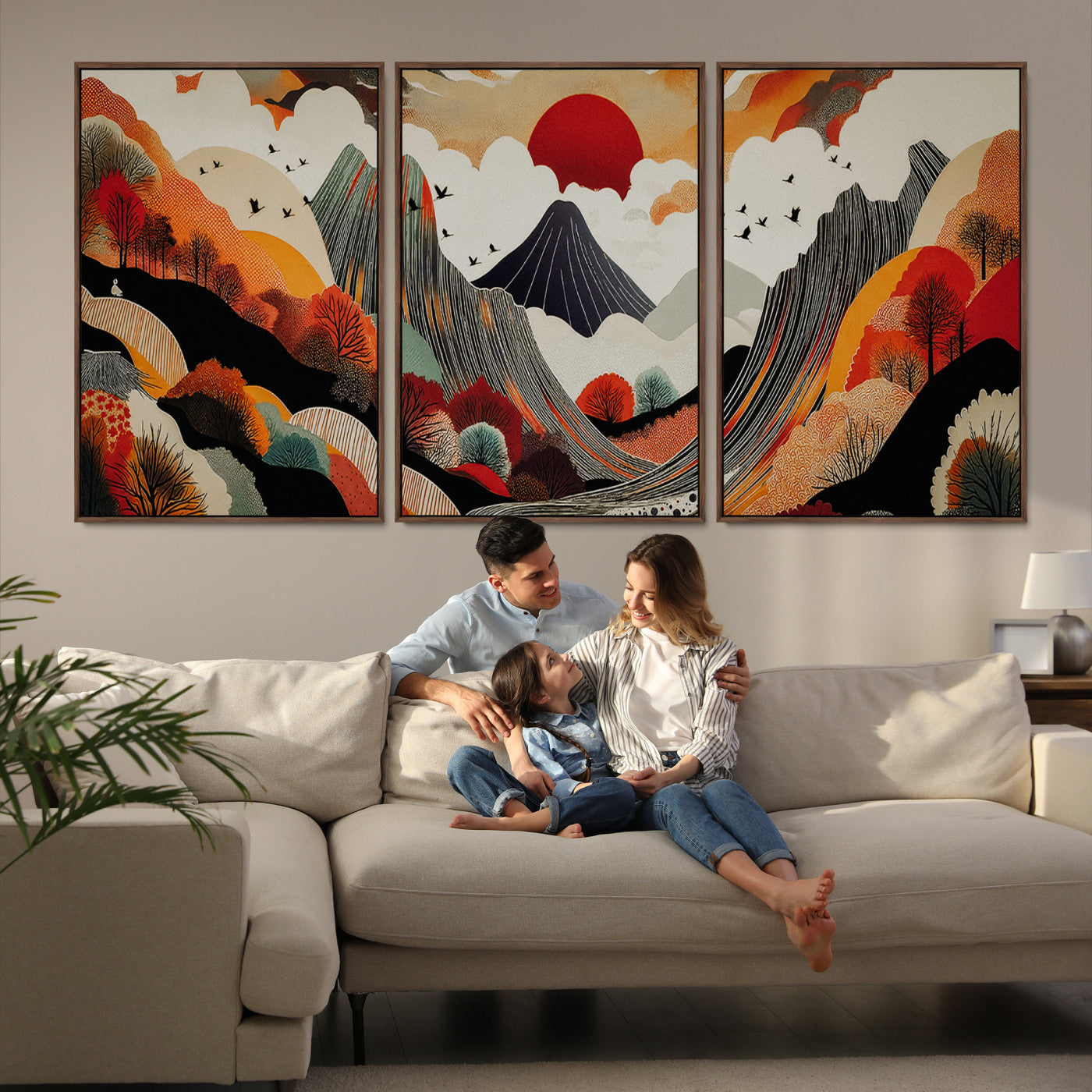 Abstract Mountain Wall Art Canvas Print, Vibrant Landscape Print, Framed Stylized Nature Drawing Art Print, Large Sunset Mountains Printing Perfect for Contemporary Minimalist Decor