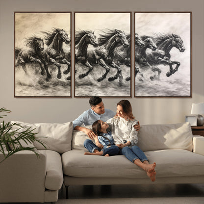 Monochrome drawing of a herd of galloping horses, perfect for dynamic and wild-themed decor in any equestrian or nature-inspired room.