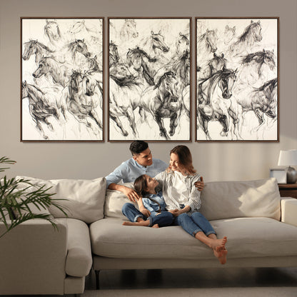 Monochrome ink sketch of galloping horses in dynamic motion, perfect for western or equine-themed wall decor with bold artistic energy.