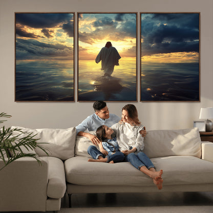 Spiritual artwork of Jesus walking on water at golden hour with divine light, ideal for Christian home decor or prayer room.