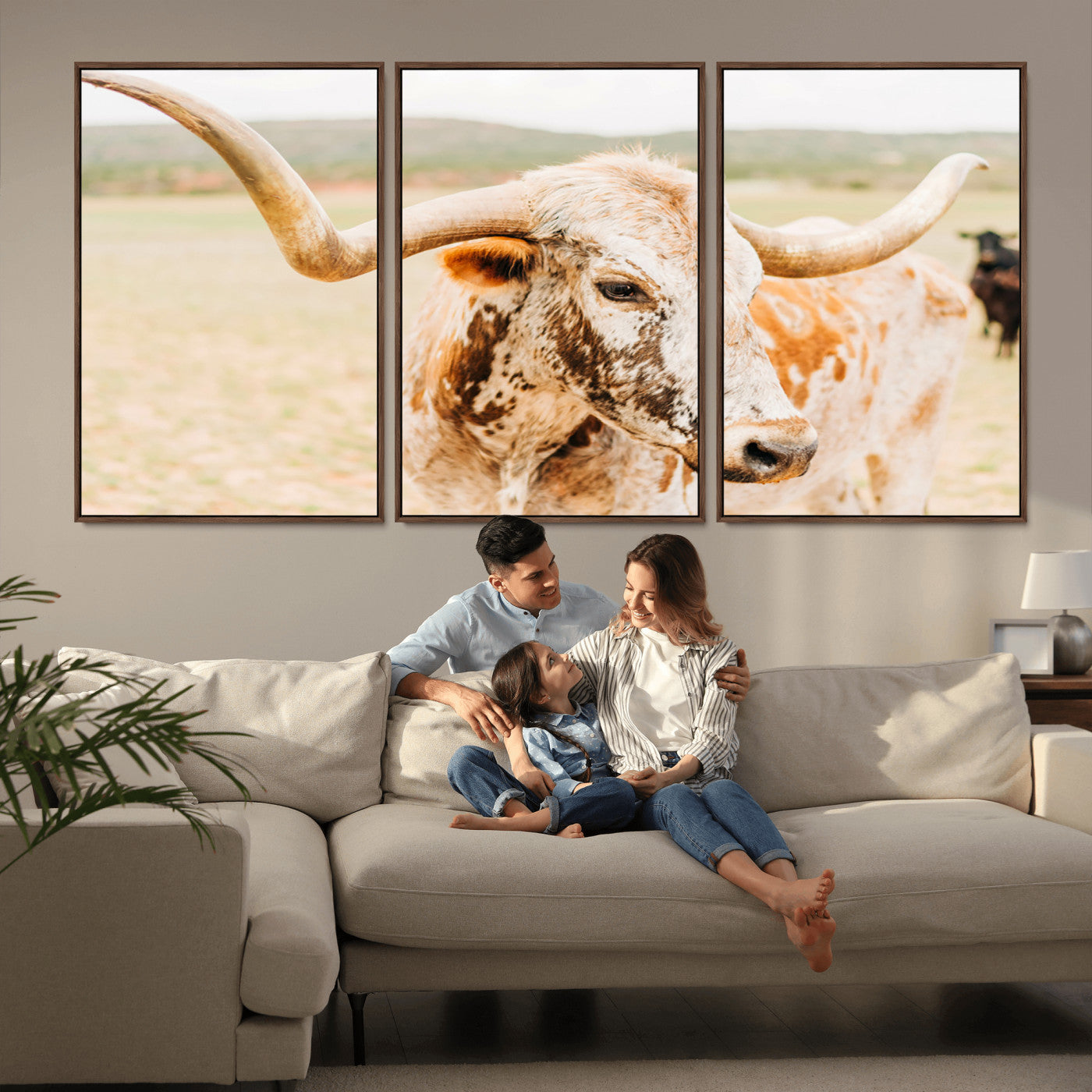 Close-up of a speckled Texas Longhorn in warm prairie tones, perfect for rustic western or countryside-themed room decor.