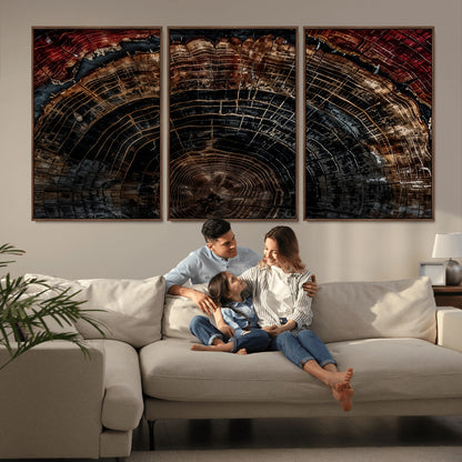 Dark Wood Wall Art Print - Petrified Tree Canvas Print, featuring an intricate tree ring pattern with deep earthy tones and organic textures, perfect for rustic and nature-inspired decor.