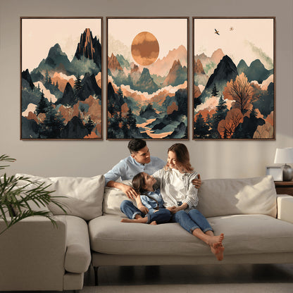 Mountain Landscape Wall Art Print - Sunset Hills Canvas Print, featuring an abstract nature scene with earthy tones and misty peaks, perfect for boho and modern decor.
