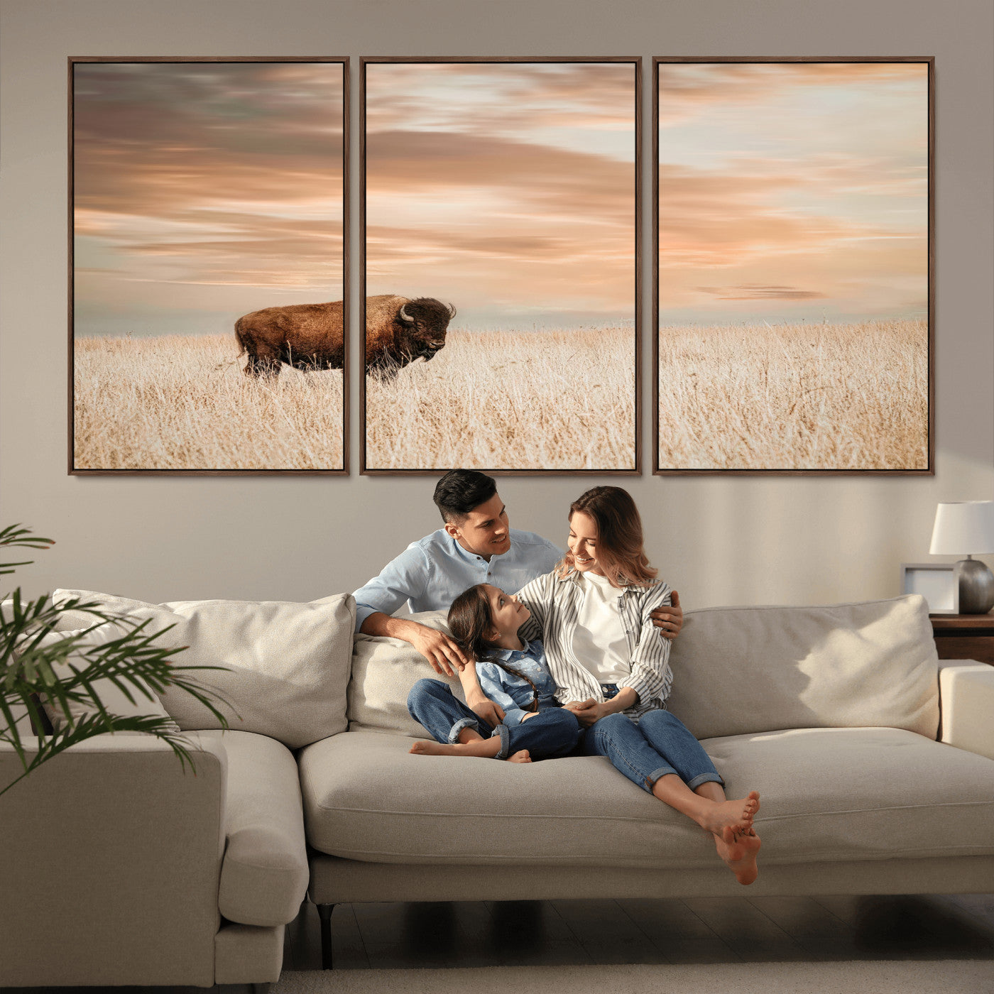 Bison Wall Art Print - Buffalo Canvas Print, featuring a lone bison in a golden prairie under a warm sunset sky, perfect for rustic and farmhouse decor.