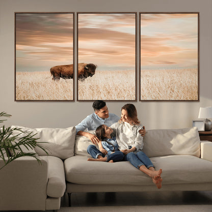 Bison Wall Art Print - Buffalo Canvas Print, featuring a lone bison in a golden prairie under a warm sunset sky, perfect for rustic and farmhouse decor.