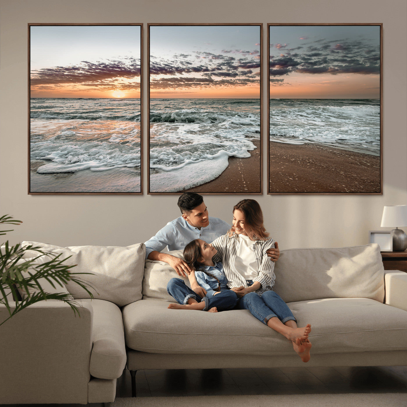Ocean Sunset Wall Art Print - Beach Waves Canvas Print, featuring a serene seascape with golden sunlight reflecting on gentle waves, perfect for coastal and minimalist decor.