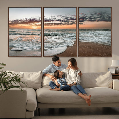 Ocean Sunset Wall Art Print - Beach Waves Canvas Print, featuring a serene seascape with golden sunlight reflecting on gentle waves, perfect for coastal and minimalist decor.