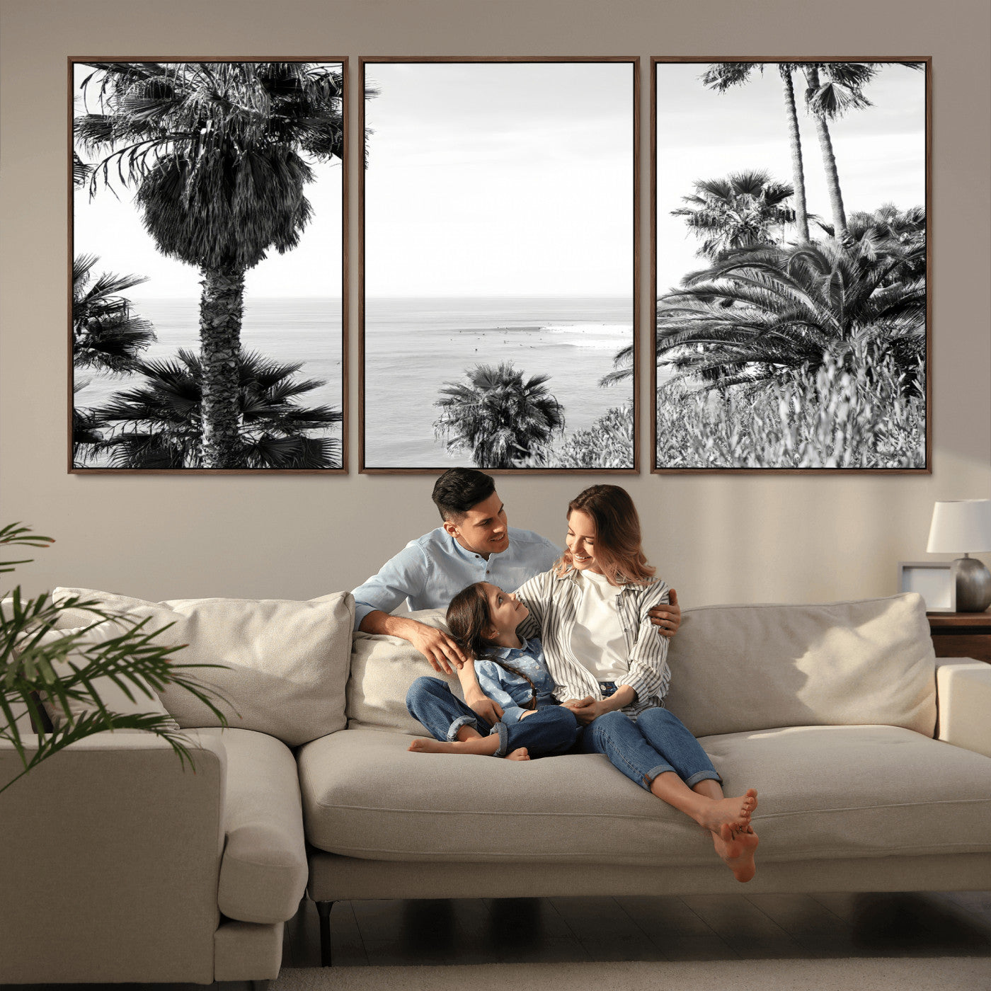 Monochrome canvas of palm trees framing a coastal surf scene, perfect for California-inspired or retro black-and-white beach decor.