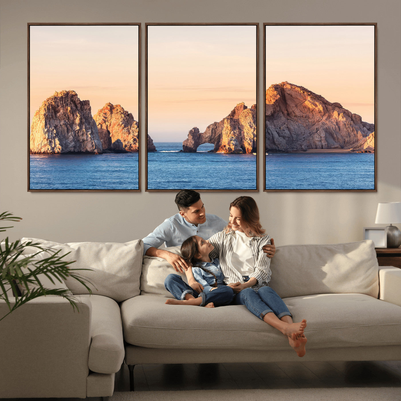 Framed canvas of El Arco rock formation in Cabo San Lucas at golden hour, ideal for coastal landmark or ocean-inspired decor.