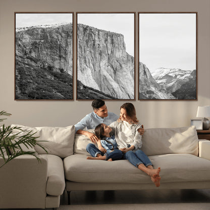 Monochrome canvas of El Capitan’s granite wall in Yosemite with snowy peaks, ideal for dramatic mountain or black-and-white nature decor.