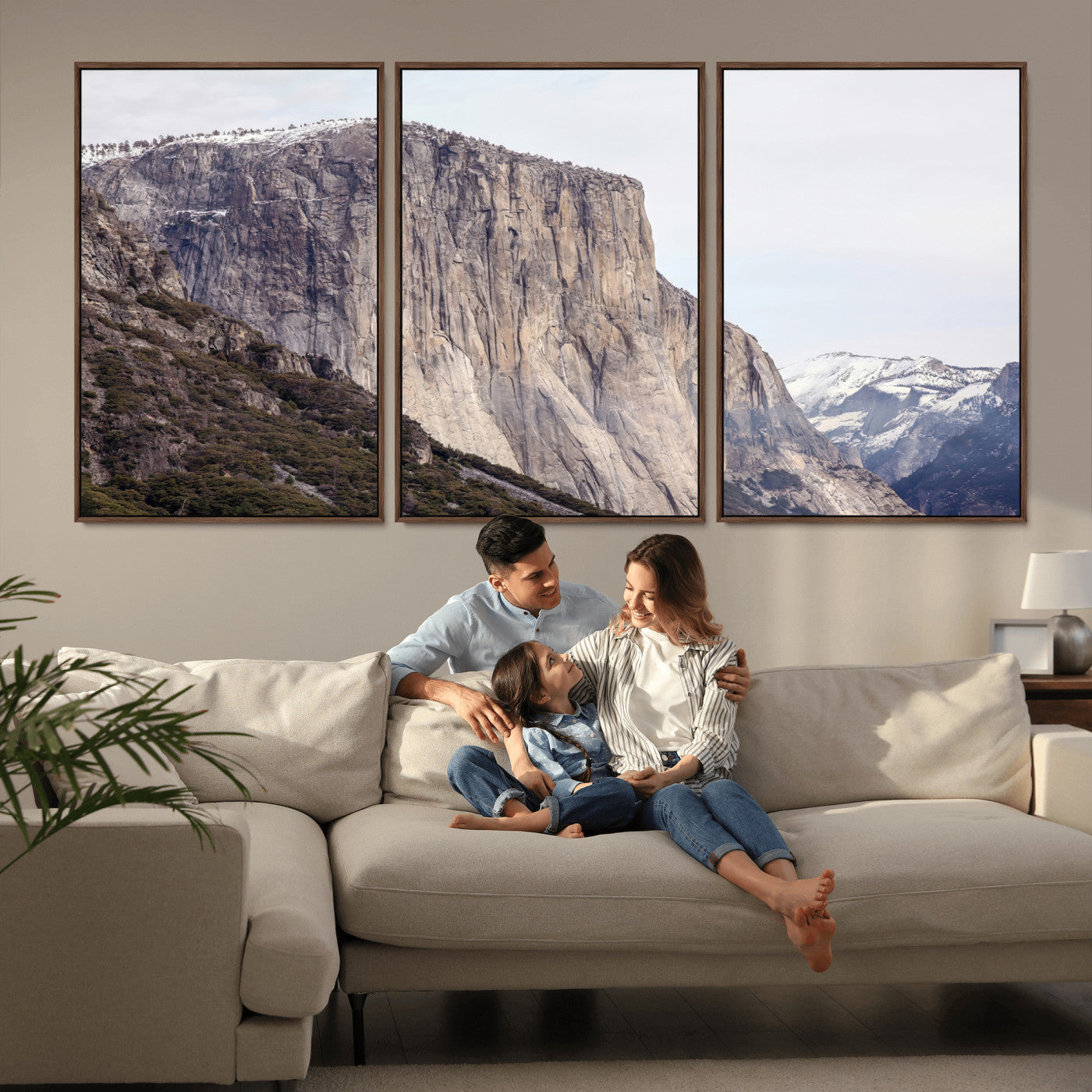 Framed canvas of El Capitan’s vertical granite face in Yosemite with snowy peaks, ideal for Sierra minimalism or mountain-inspired decor.