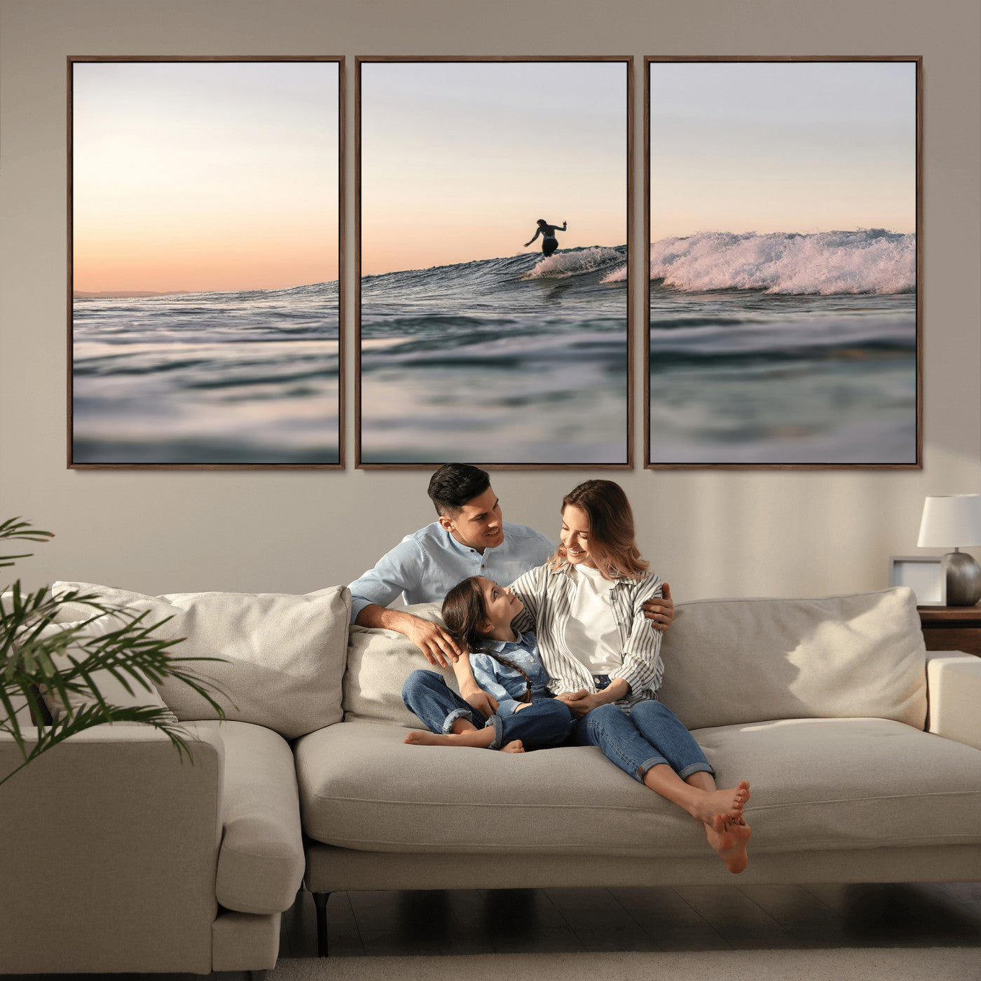 Framed canvas of a female surfer balancing on a wave at sunset, perfect for serene surf or ocean-inspired coastal decor.