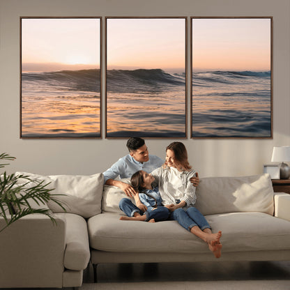 Framed canvas of ocean waves glowing in sunset light, ideal for golden hour calm or peaceful coastal-inspired wall decor.