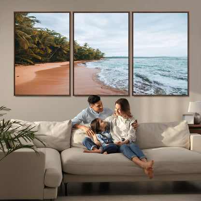 Framed canvas of a tropical beach with palm trees and soft waves, ideal for coastal escape or serene nature-inspired home decor.