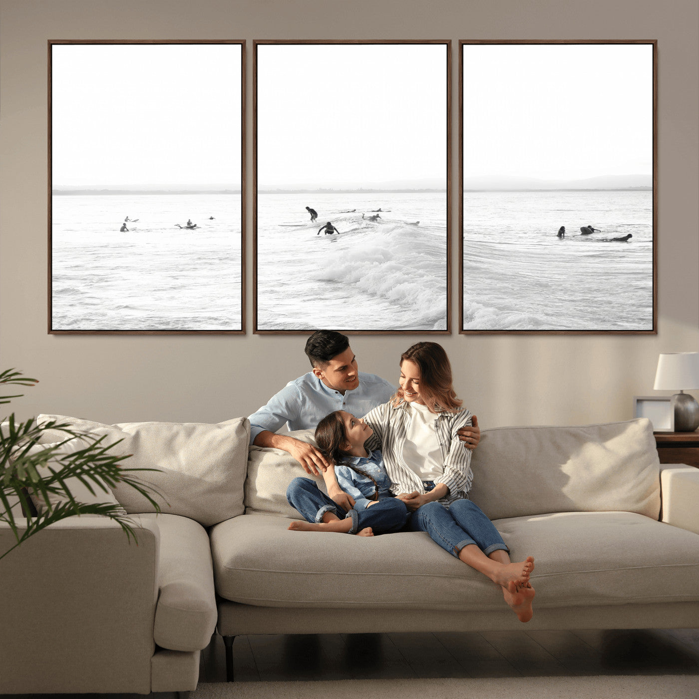 Monochrome photo of surfers riding and waiting on ocean waves, ideal for surf-themed or coastal energy wall decor.