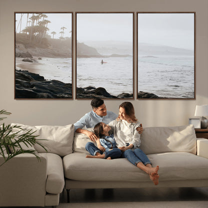 Framed canvas of a surfer in misty coastal tones at a foggy California beach, ideal for minimalist coastal beach or serene ocean-themed decor.