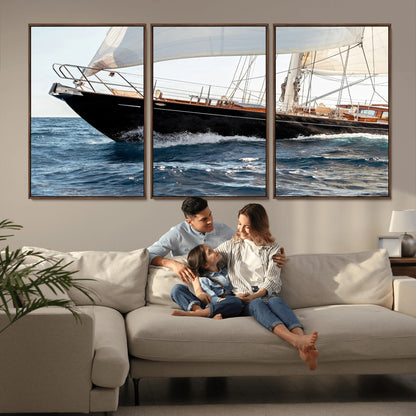 Close-up of a classic sailing yacht with wooden deck and full sails, perfect for nautical or coastal-style decor in ocean-themed spaces.