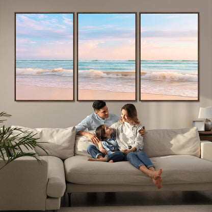 Pastel-toned ocean waves under soft sunset skies, ideal for pastel coastal or serene beach-style home decor.
