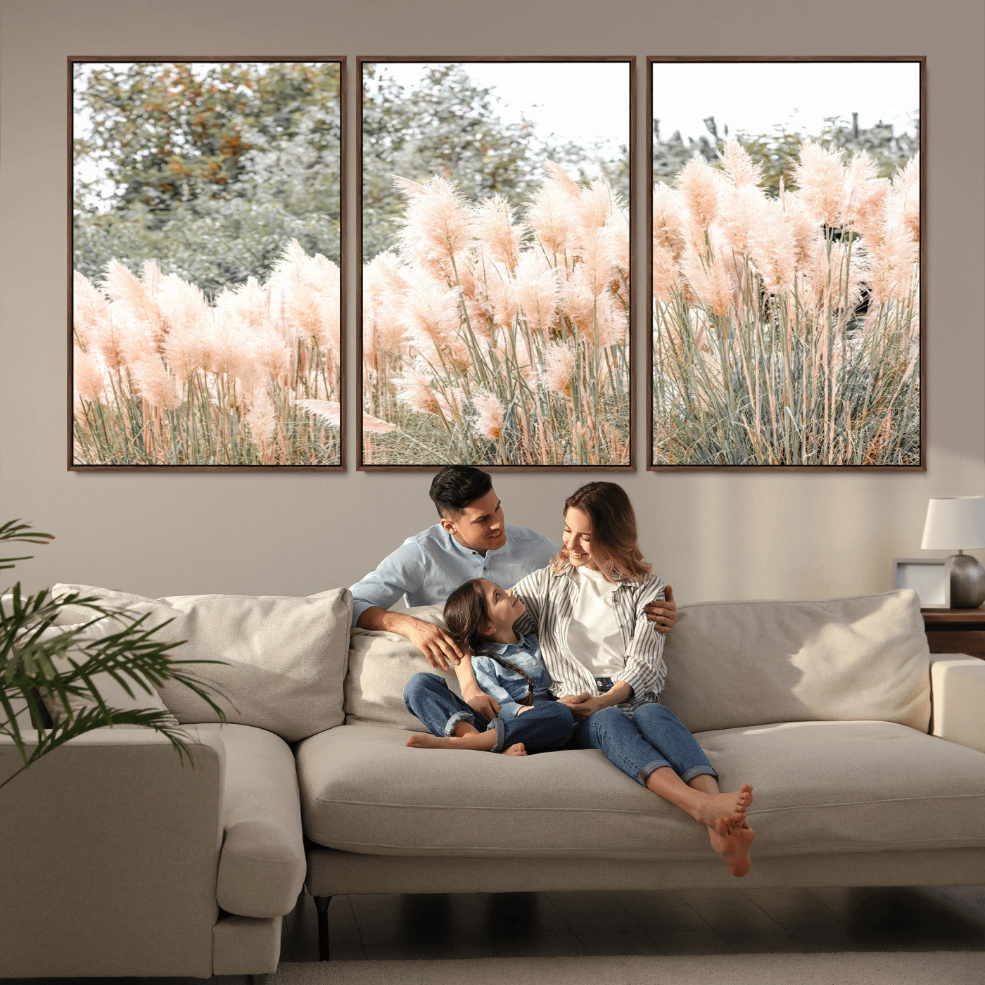 Soft pastel pampas grasses in a natural setting, ideal for neutral boho or rustic botanical-style interior wall decoration.