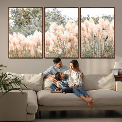 Soft pastel pampas grasses in a natural setting, ideal for neutral boho or rustic botanical-style interior wall decoration.