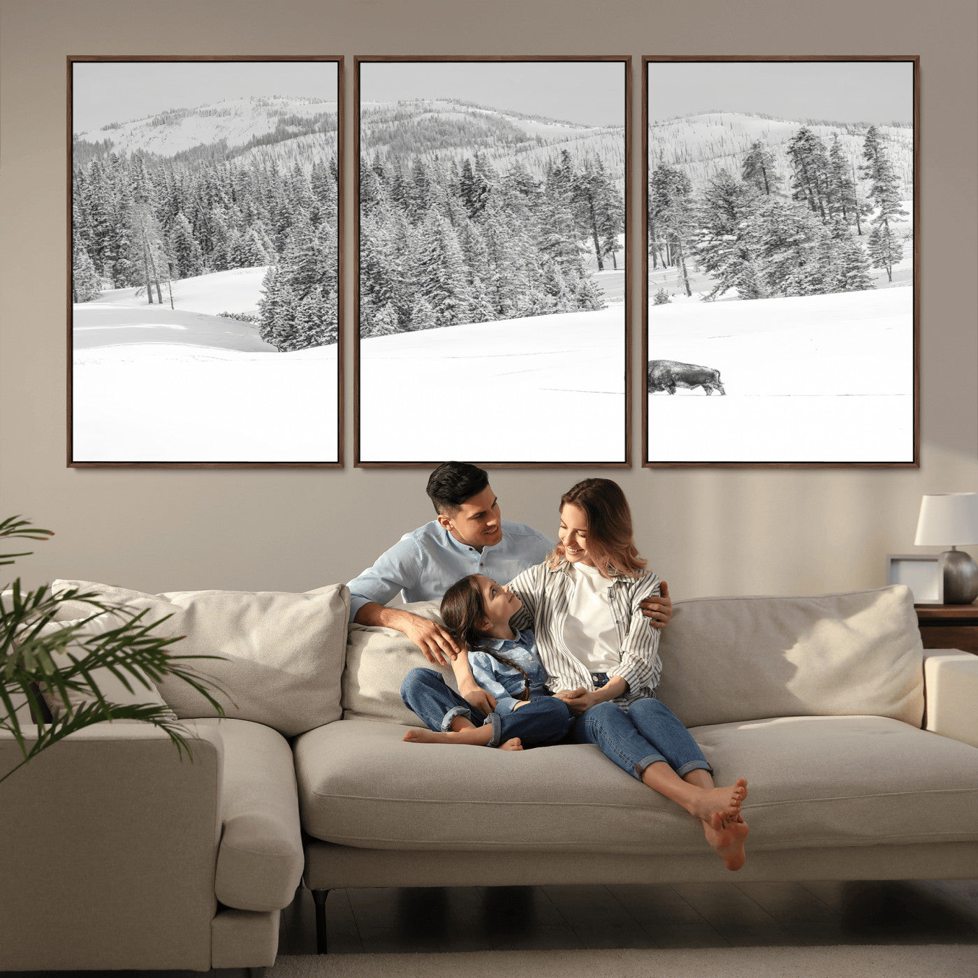 Snowy bison walking through white forest landscape, ideal for monochrome winter or wilderness-style interior wall decoration.