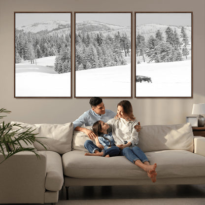 Snowy bison walking through white forest landscape, ideal for monochrome winter or wilderness-style interior wall decoration.