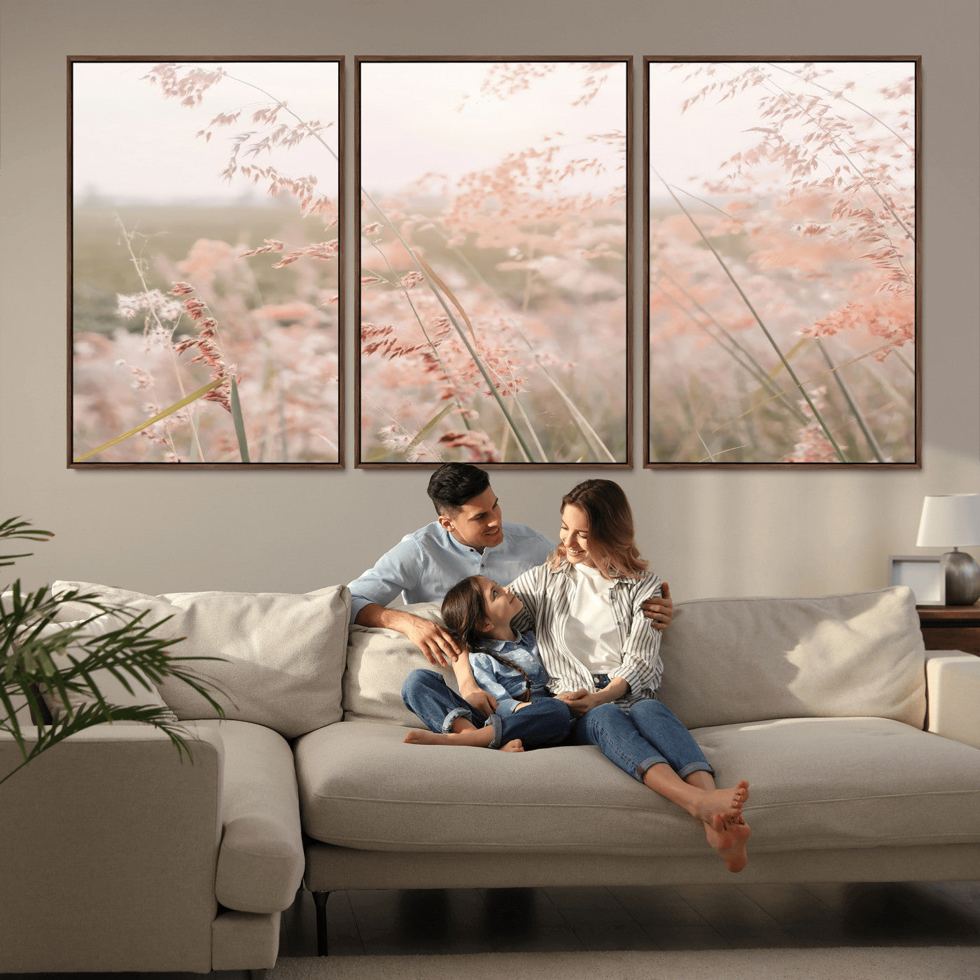 Soft pastel field with wild grasses in warm light, ideal for minimal nature or airy countryside-inspired interior wall decoration.